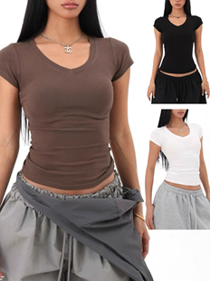 美式复古辣妹v领短袖T恤女爵士jazz修身显瘦百搭纯色打底衫上衣潮