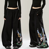 爵士辣妹jazz跳舞休闲直筒裤 街舞潮牌嘻哈老鹰印花束脚运动裤 美式