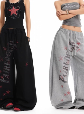 美式高街灰色运动卫裤女嘻哈宽松直筒裤子垂坠感拖地阔腿爵士长裤