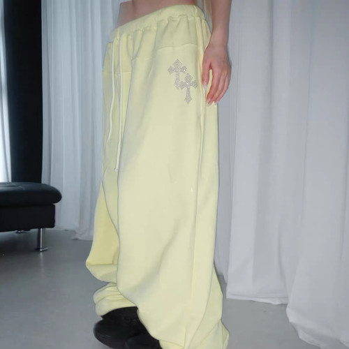 韩系慵懒风字母烫钻爆闪运动裤爵士宽松休闲跳舞裤嘻哈垂感阔腿裤