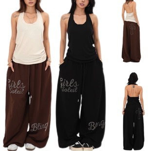美式复古嘻哈hiphop水系裤女街舞新款宽松烫钻女爵士辣妹运动裤女