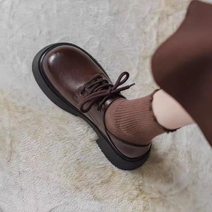 女 全真皮 2025年新款 黑色乐福单鞋 子厚底日系英伦风JK系带小皮鞋