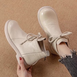 秋季 瘦瘦靴 头层牛皮妈妈单靴防滑软底透气短靴舒适休闲马丁靴女款