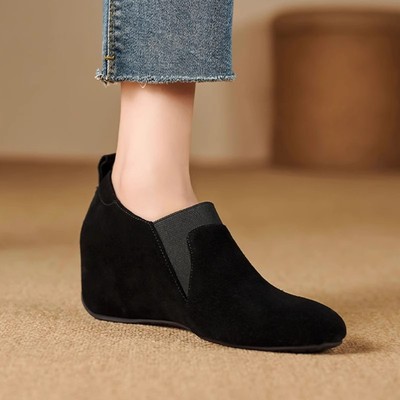 品牌纯手工女鞋6cm~新款坡跟圆头单鞋舒适磨砂皮松紧带纯色黑色女