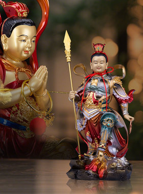 铜彩绘哪吒三太子神像家用祝福摆件中坛元帅铜像脚踏风火轮三太子