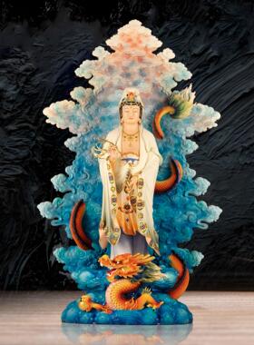 观世音骑龙像供奉摆件纯铜彩绘
