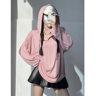 多巴胺少女慵懒风连帽T恤运动卫衣春防晒罩衫粉色长袖打底上衣女