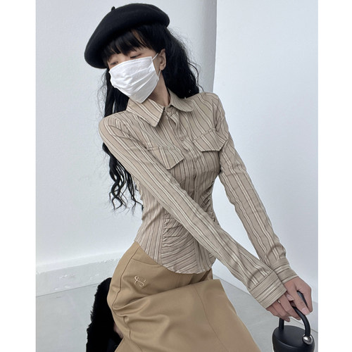 美拉德纯欲风肌理条纹弹力收腰长袖衬衫女正肩掐腰内搭上衣打底衫