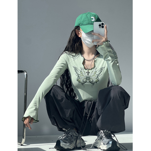 千禧少女多巴胺穿搭绿色蝴蝶印花长袖 爵士跳舞上衣 T恤女春秋修身