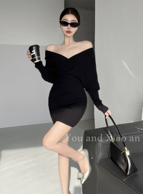 晚宴战袍~性感修身收腰包臀黑色连衣裙V领打底外穿长袖针织短裙子