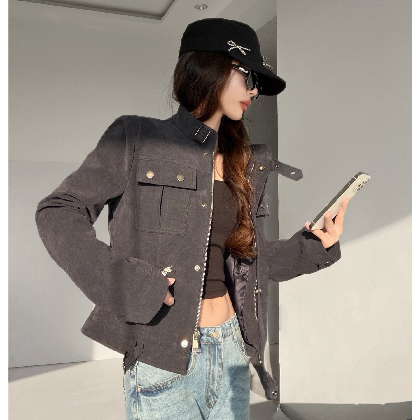 和小安~美拉德麂皮绒复古夹克外套机车工装风皮衣女短款正肩上衣