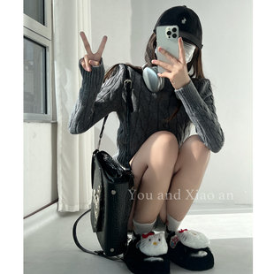 长期主义~美式甜辣复古半高领套头麻花毛衣女修身短款长袖针织衫