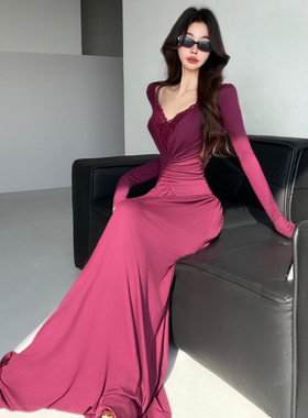 法式风情紫色复古蕾丝拼接V领长袖连衣裙女春秋性感大摆拖地长裙