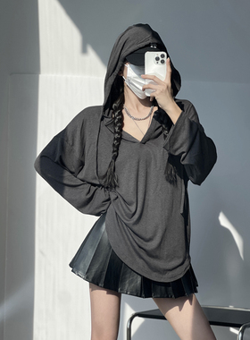 美式辣妹废土风连帽T恤运动卫衣夏秋防晒罩衫灰色长袖打底上衣女