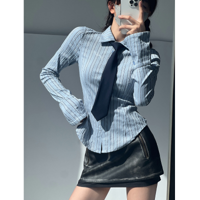 美式学院风修身蓝色条纹领带衬衫