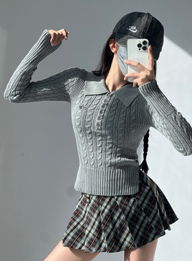 非正式ABG辣妹风长袖麻花针织衫女秋冬翻领套头毛衣修身短款上衣