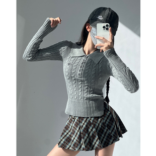 非正式ABG辣妹风长袖麻花针织衫女秋冬翻领套头毛衣修身短款上衣