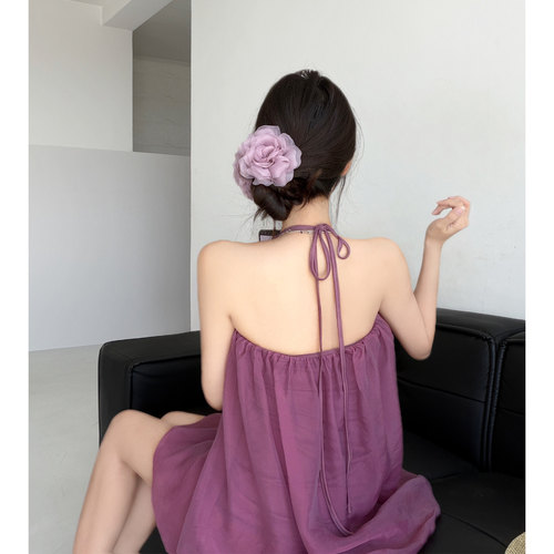 小安约会~花苞裙U领气质绝美紫色吊带裙女挂脖蓬蓬连衣裙叠穿短裙