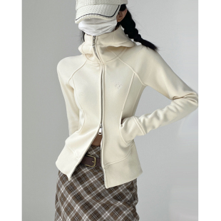 复古连帽卫衣女春秋运动瑜伽上衣开衫 显瘦长袖 外套 纯色修身 自留版