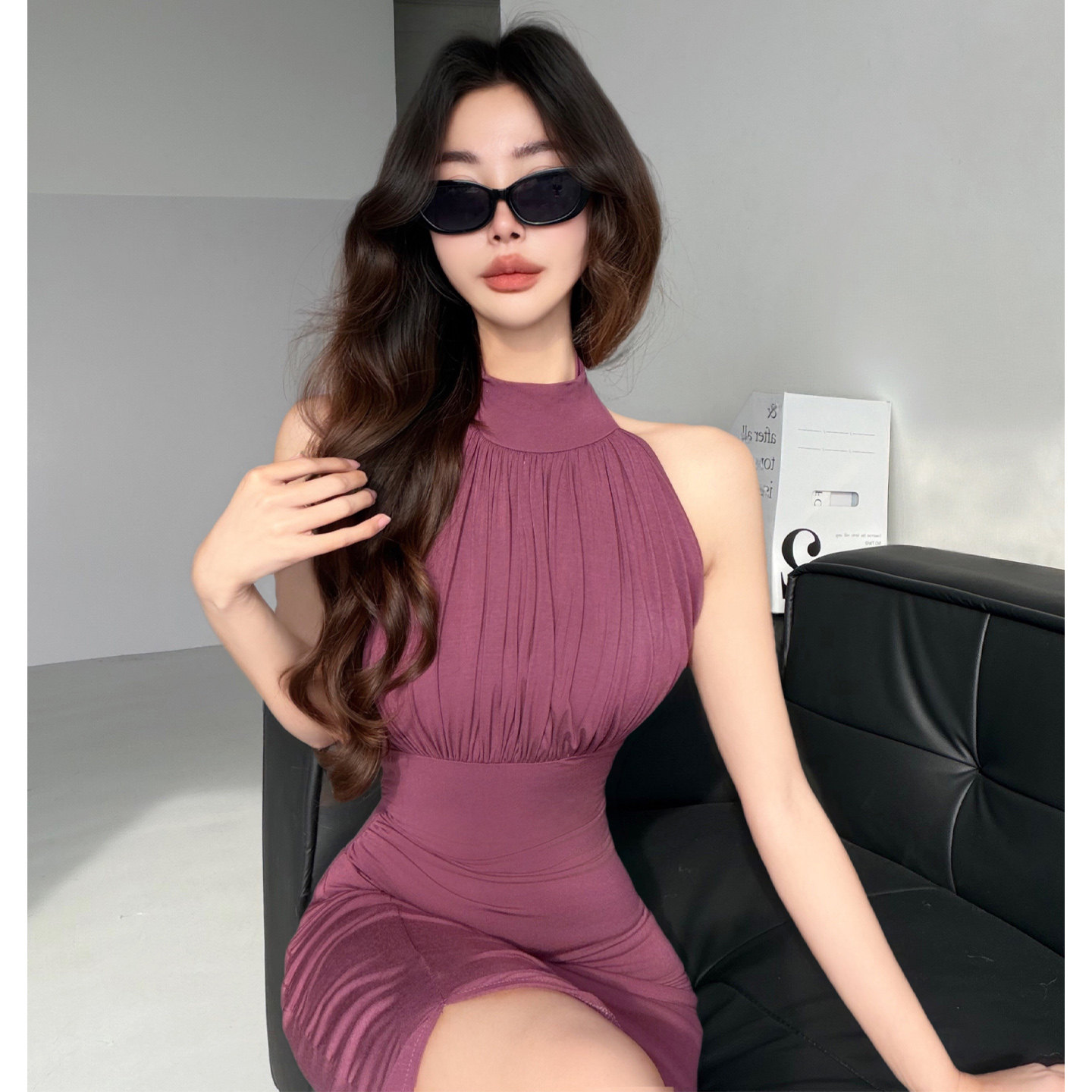 绝美腰臀~欲姐紫色挂脖连衣裙女修身显瘦气质包臀开叉长裙高级感