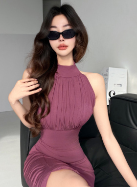 绝美腰臀~欲姐紫色挂脖连衣裙女修身显瘦气质包臀开叉长裙高级感