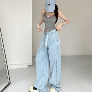 穿搭万金油复古辣妹腰带松弛感高腰阔腿裤女宽松显瘦拖地牛仔长裤