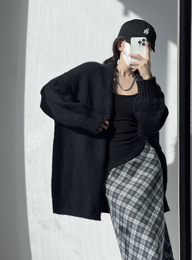 韩风女主灰色中长款毛衣外套女春秋冬季慵懒风加厚百搭针织衫开衫