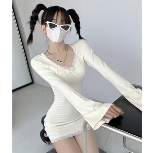 和小安纯欲奶杏蕾丝边喇叭长袖连衣裙修身显瘦性感带胸垫包臀短裙