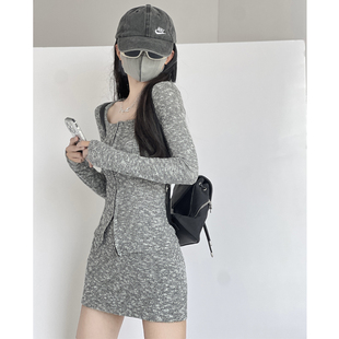 高校艺术生美式复古时髦套装女方领开叉短上衣高腰包臀短裙两件套
