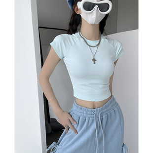 skims赵露思方圆同款短袖T恤弹力上衣女跳舞露脐显瘦圆领打底小衫