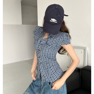千禧辣妹~复古蓝色格子正肩掐腰短袖衬衫女夏收腰设计感衬衣上衣
