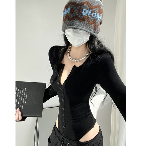 花少同款黑色亨利连体衣女内搭打底衫高级感修身长袖T恤弹力上衣