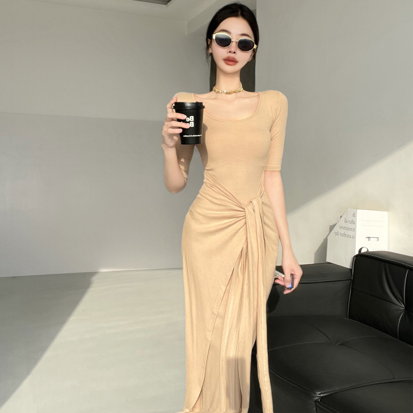 优雅懒人~纯欲风性感扭结连衣裙女收腰显瘦包臀长裙后开叉中袖裙