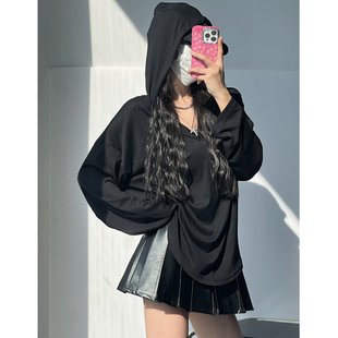 高冷拽姐废土风连帽T恤运动卫衣春秋防晒罩衫黑色长袖打底上衣女