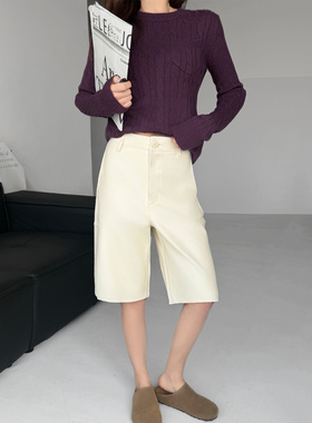 搭配万金油~直筒短裤PU皮中裤女春秋气质百搭宽松显瘦高腰五分裤