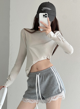 灰色蕾丝拼接短裤女夏季新款低腰显瘦休闲运动热裤外穿居家阔腿裤