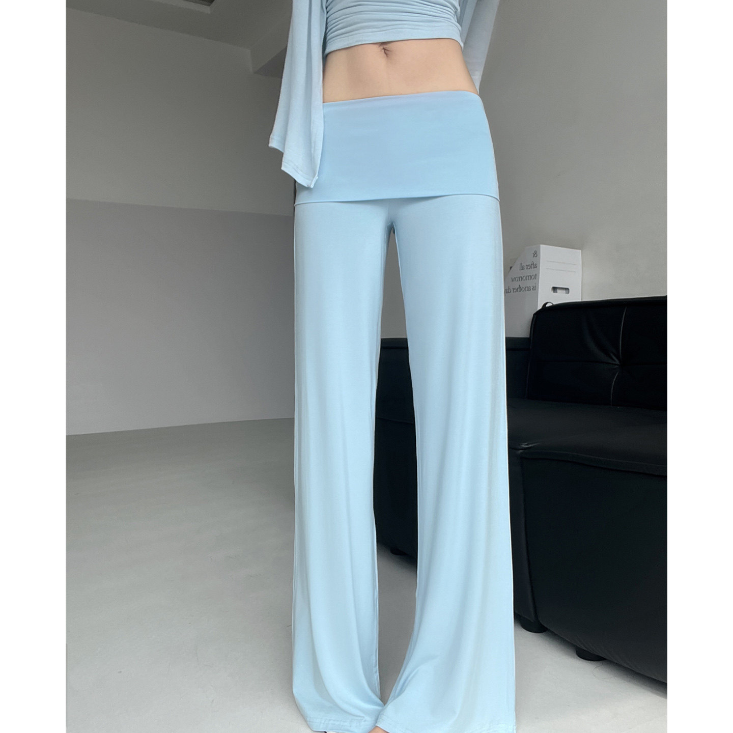 超模长裤~翻折宽腰头直筒针织阔腿裤休闲裤长裤慵懒松弛感裤子