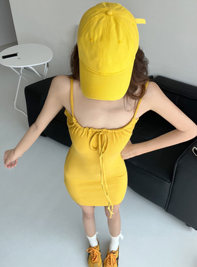 小安酱纯欲甜美辣妹黄色无袖吊带背心连衣裙夏收腰紧身包臀短裙子
