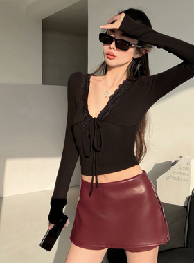 美高辣妹~复古PU皮包臀裙女黑色修身短裙低腰拉链包裙通勤显腿长