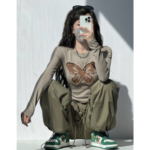 复古甜酷运动长裤 女春秋夏高腰阔腿直筒休闲宽松美式 裤 军绿色工装