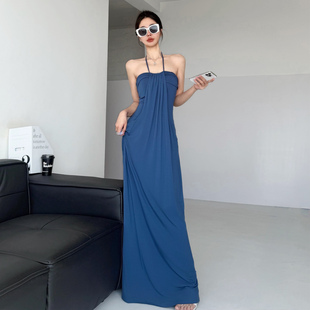 法式 垂感长裙 高级感气质性感度假风挂脖抹胸连衣裙女褶皱显瘦修身