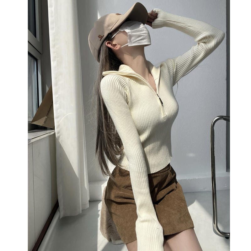 攻气盐系半拉链套头毛衣女早秋高领针织衫外穿内搭黑色甜酷短外套