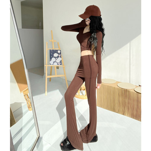 御姐风茶盐系性感套装修身显瘦长袖T恤女高腰微喇休闲长裤两件套