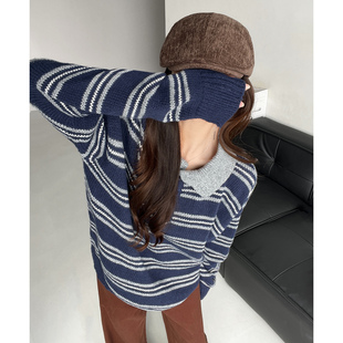 蓝调千禧~撞色复古格纹毛衣POLO衫慵懒风纸片人秋冬针织毛衫上衣