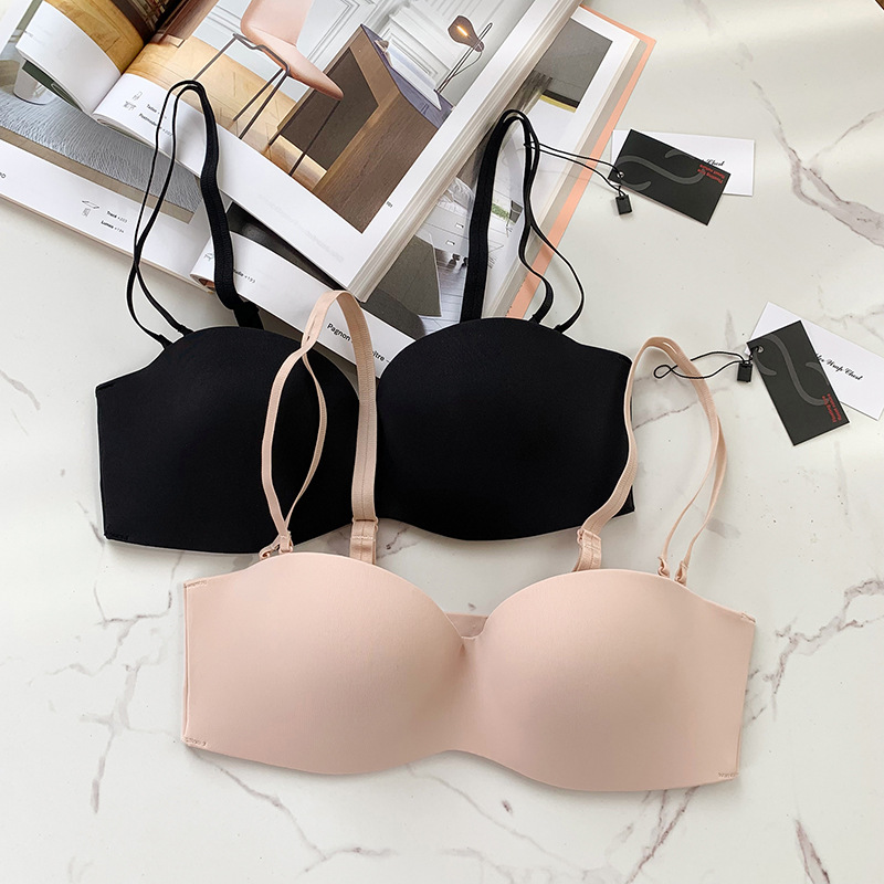 爱mu性感细肩带无痕抹胸内衣1/2半杯上薄下厚软钢圈聚拢女士文胸