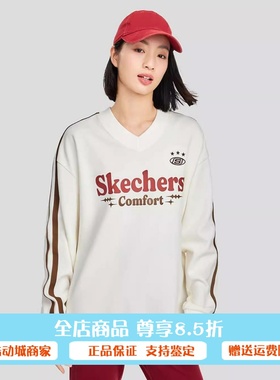 正品代购斯凯奇男女2024秋季V领印花宽松针织套头卫衣L424U047