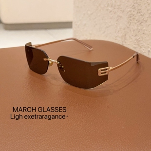 时尚 防紫外线遮脸太阳镜潮 高级感曲面前卫无框墨镜复古透明茶个性