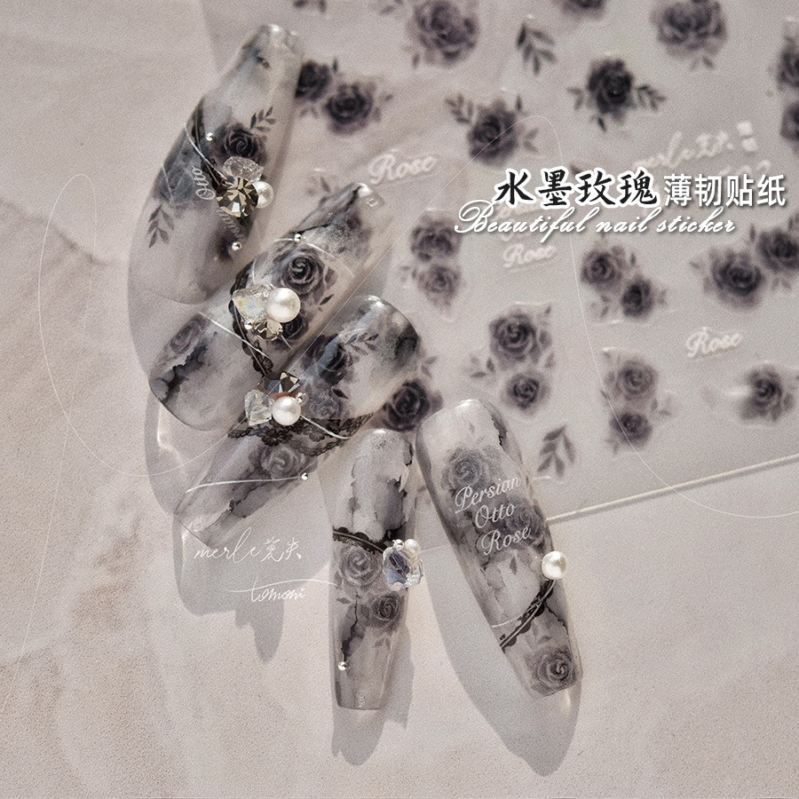 美甲贴纸黑色水墨玫瑰复古