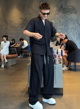 夏季新Normcore风格V领垂直纹理休闲套装男士短袖开衫休闲裤两件