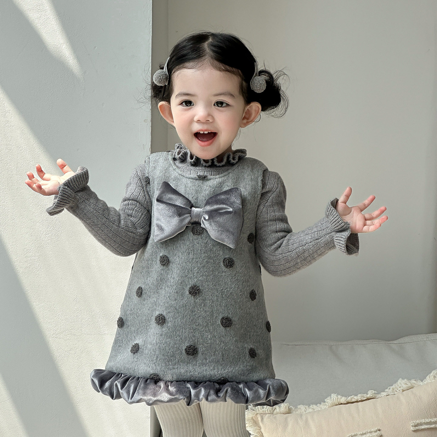 点兮2025秋冬新款婴幼儿呢子裙套装女宝波点连衣裙毛衣打底两件套